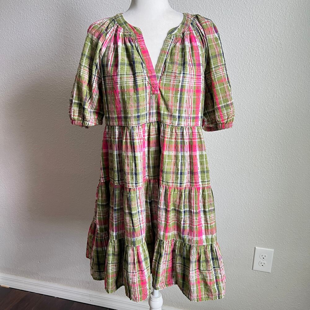 Crown & Ivy Green Pink Plaid Tiered Farmhouse Dress Women's M Babydoll Preppy